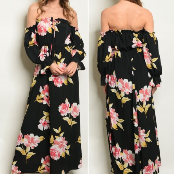Trend Setter Diva Boutique Dresses & Skirts - BLACK FLORAL OFF SHOULDER MAXI DRESS